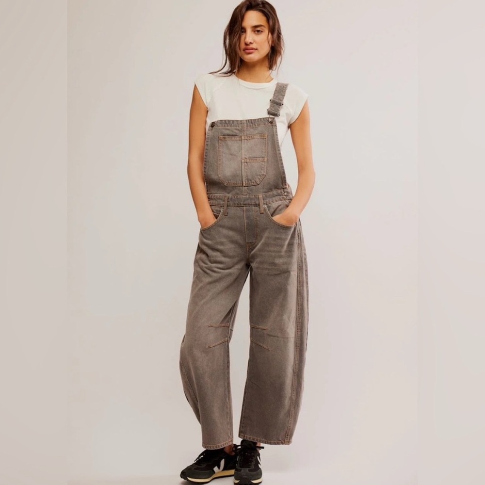 NWT Free People We The Free Good Luck Barrel Overalls Archive Grey Medium